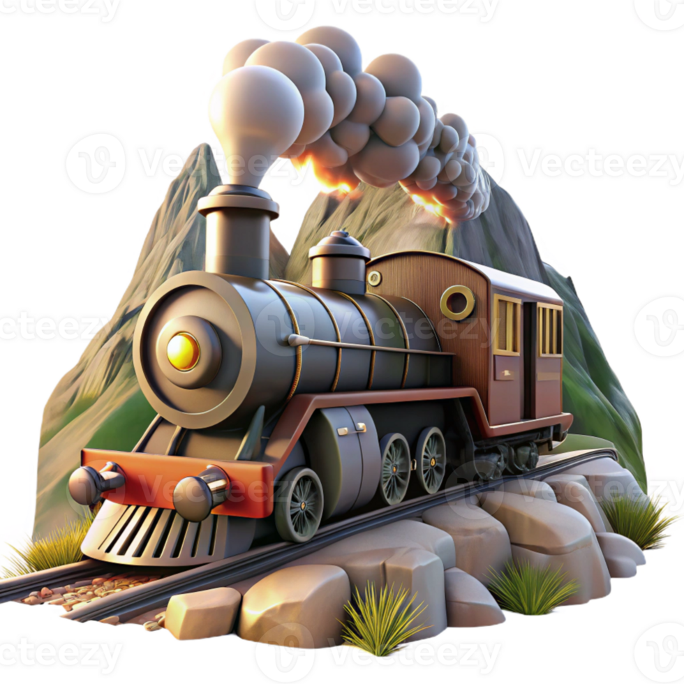 extraordinary abstract wonderful rustic A dynamic scene of a steampunk train speeding through a mountainous landscape, steam billowing from its engine, lit by bright, midday sunlight high... png