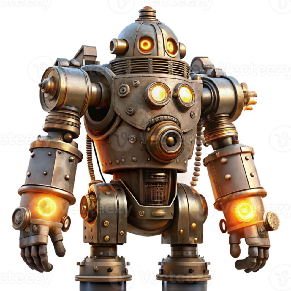 elegant vintage extraordinary creative A colossal steampunk robot, crafted from riveted iron plates and glowing vacuum tubes, standing amidst a swirling fog, illuminated by sparks and flickering... png