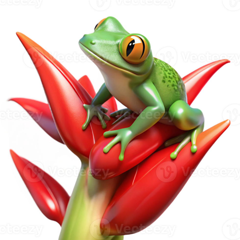 dramatic modern serene rustic A vibrant green tree frog clinging to a glossy, red heliconia flower, illuminated by dappled sunlight filtering through the rainforest canopy.... png