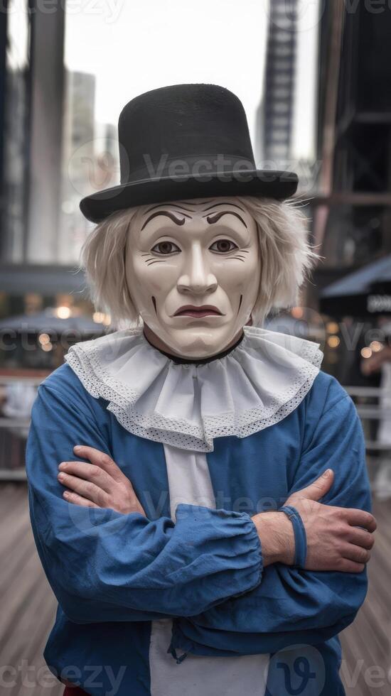 A man wearing a clown mask and hat photo