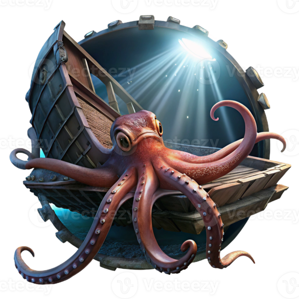 dramatic artistic elegant vintage A giant Pacific octopus exploring a sunken shipwreck, tentacles swirling around rusted metal, illuminated by beams of light from above.... png