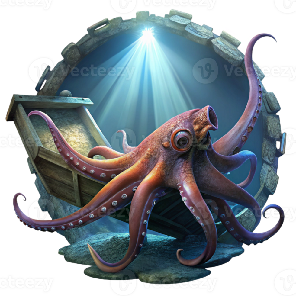 serene rustic vibrant vintage A giant Pacific octopus exploring a sunken shipwreck, tentacles swirling around rusted metal, illuminated by beams of light from above.... png