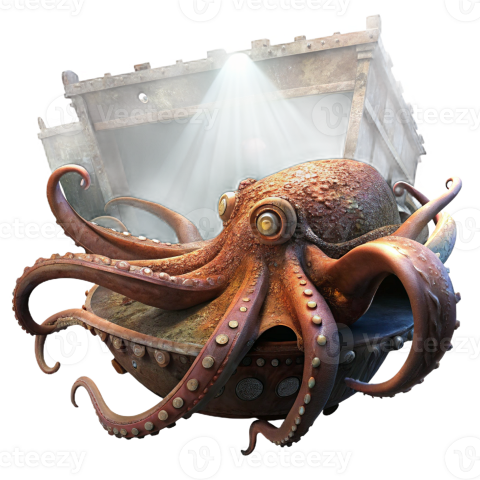 dramatic traditional elegant contemporary A giant Pacific octopus exploring a sunken shipwreck, tentacles swirling around rusted metal, illuminated by beams of light from above.... png