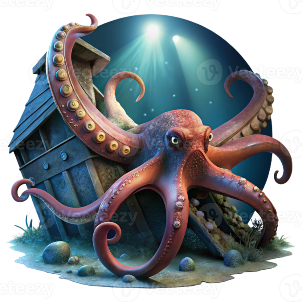 magnificent creative wonderful abstract A giant Pacific octopus exploring a sunken shipwreck, tentacles swirling around rusted metal, illuminated by beams of light from above.... png