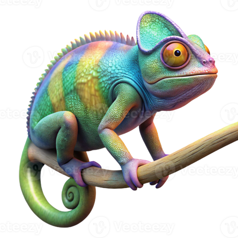 serene vintage impressive creative A chameleon perched on a branch, blending seamlessly with the surrounding foliage, its skin displaying vibrant, iridescent colors.... png