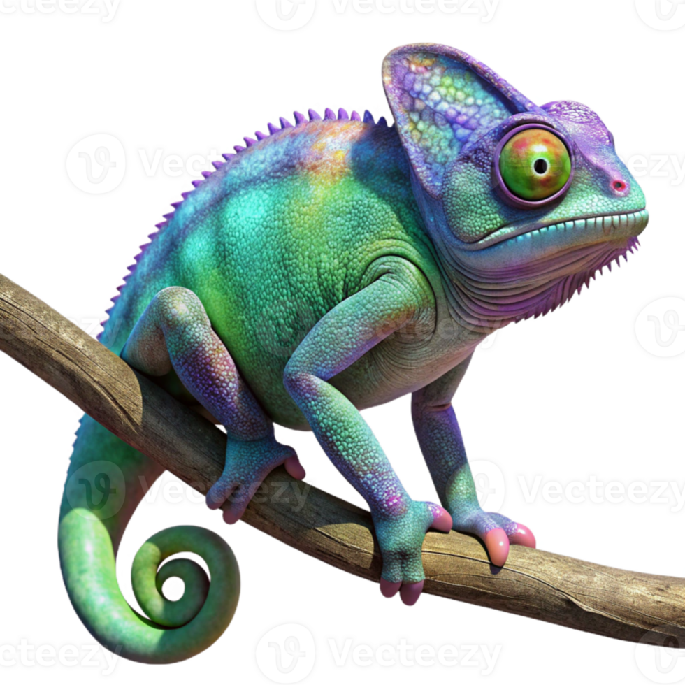 serene creative extraordinary rustic A chameleon perched on a branch, blending seamlessly with the surrounding foliage, its skin displaying vibrant, iridescent colors.... png