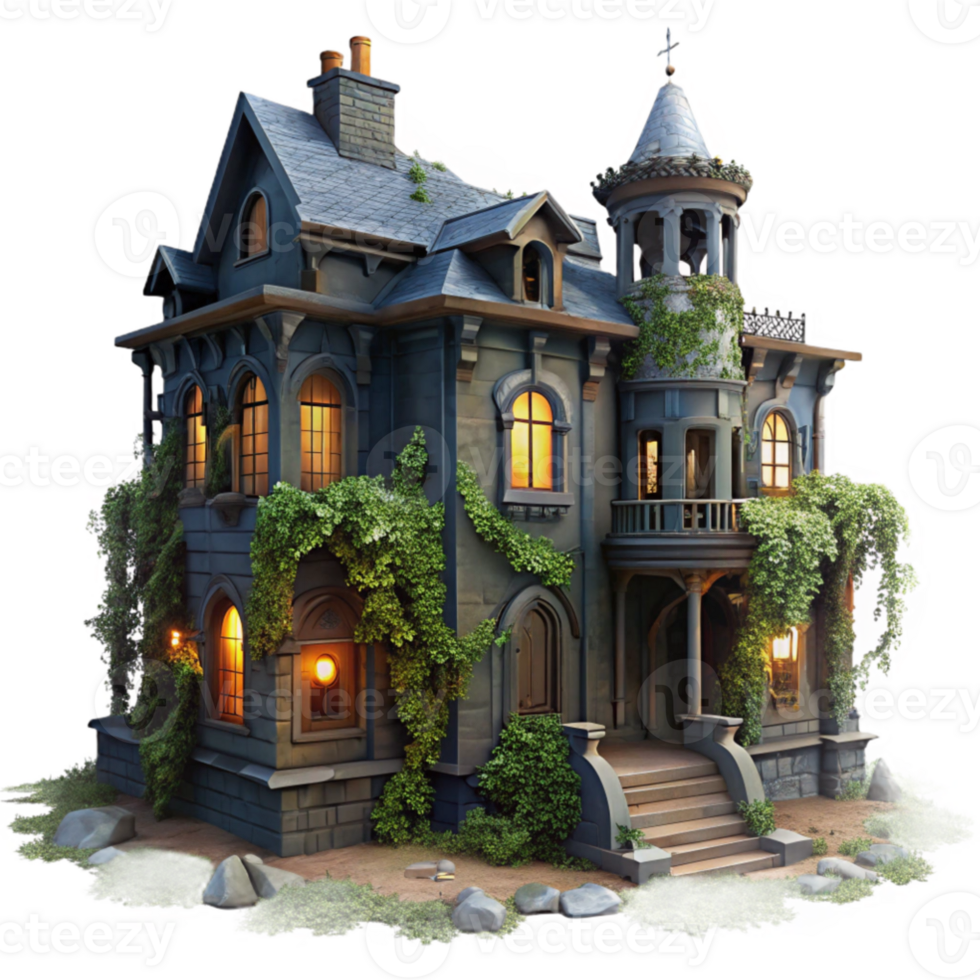 beautiful modern elegant vintage A dilapidated Victorian mansion, overgrown with ivy, illuminated by a single flickering gas lamp through a broken window, eerie atmosphere, dark fantasy, digital... png