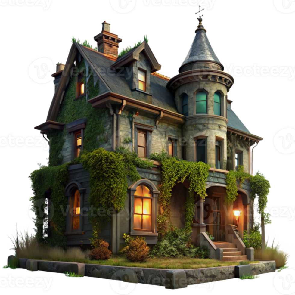 elegant contemporary extraordinary contemporary A dilapidated Victorian mansion, overgrown with ivy, illuminated by a single flickering gas lamp through a broken window, eerie atmosphere, dark... png
