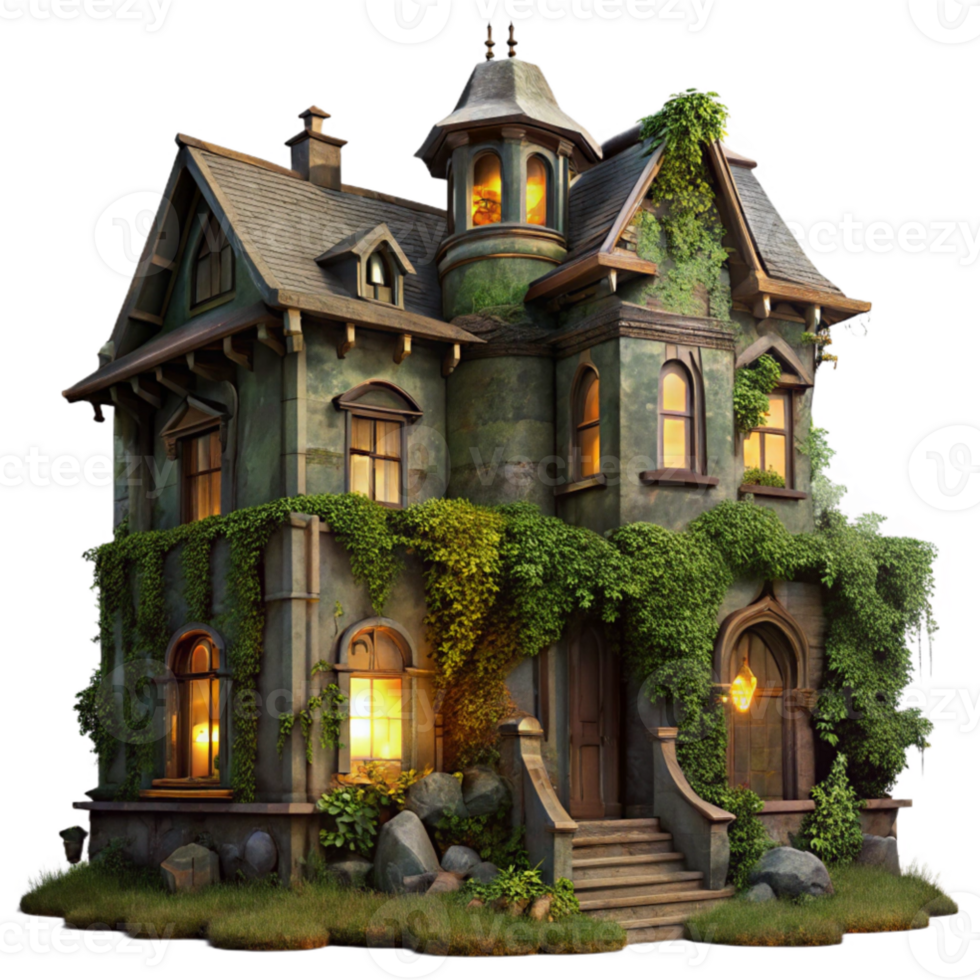 extraordinary rustic elegant minimalist A dilapidated Victorian mansion, overgrown with ivy, illuminated by a single flickering gas lamp through a broken window, eerie atmosphere, dark fantasy,... png