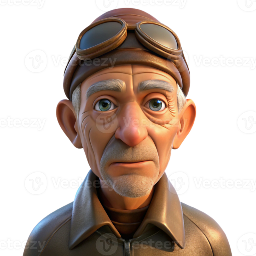extraordinary minimalist dramatic classic Portrait of an elderly man with deep wrinkles and a weathered face, wearing a worn leather aviator cap, illuminated by the warm glow of a setting sun... png