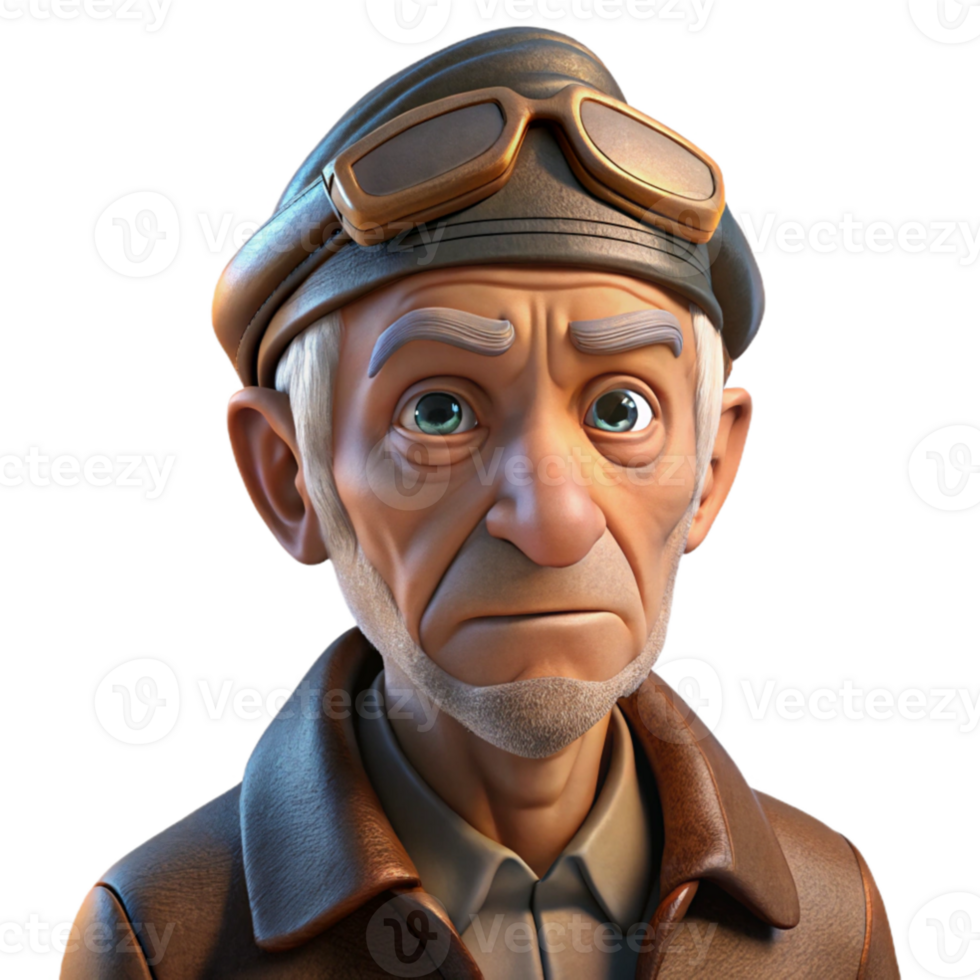 serene creative wonderful artistic Portrait of an elderly man with deep wrinkles and a weathered face, wearing a worn leather aviator cap, illuminated by the warm glow of a setting sun original... png