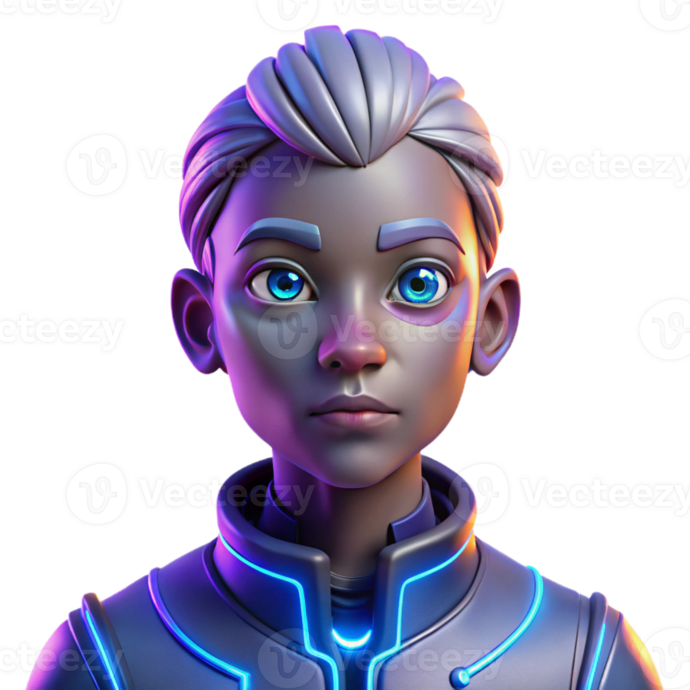 dramatic creative stunning artistic Portrait of a cyborg with glowing blue circuitry visible beneath their synthetic skin, a melancholic expression in their metallic eyes, lit by neon pink and... png