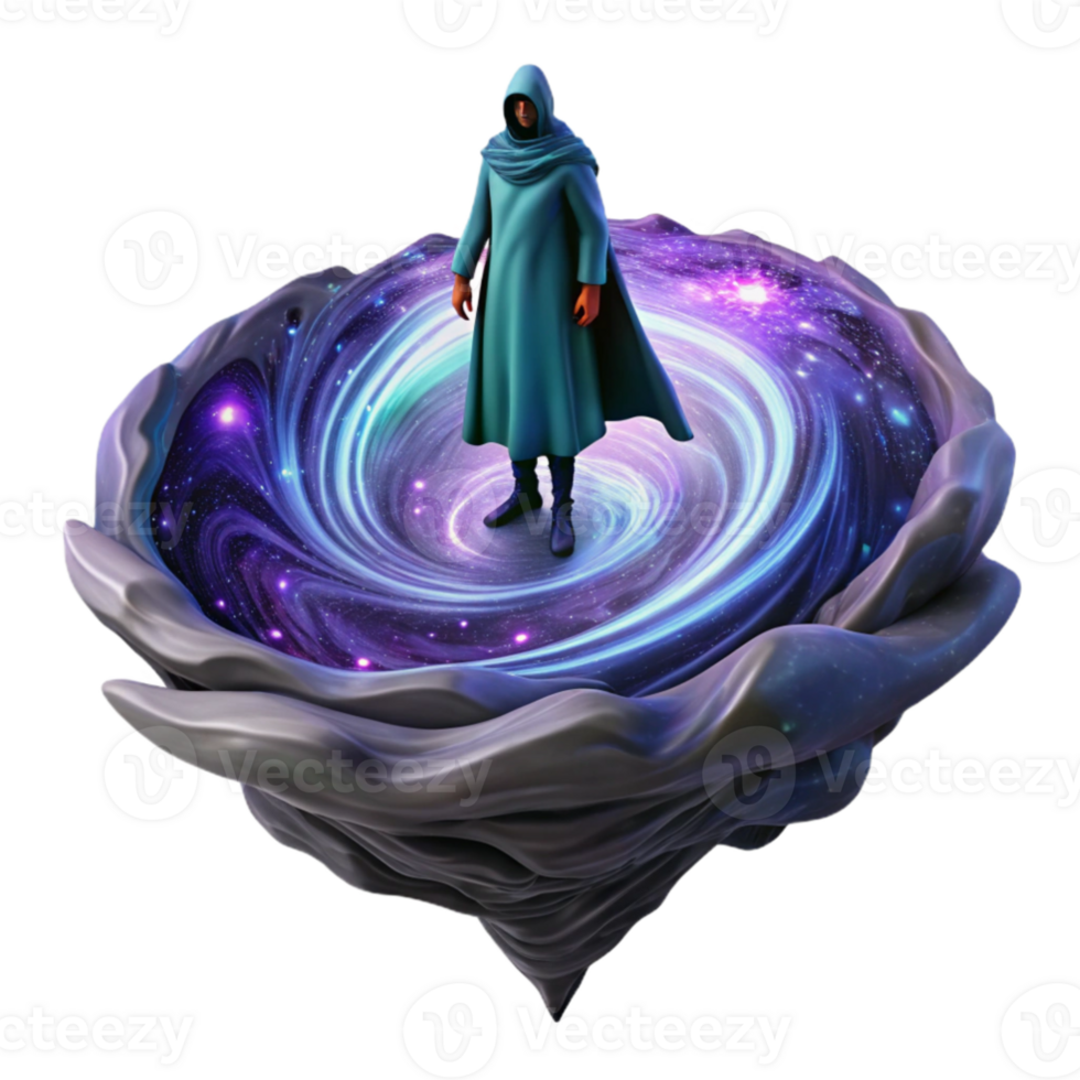 impressive vintage extraordinary traditional A lone, cloaked figure standing on a precipice overlooking a swirling vortex of iridescent nebulae, dramatic chiaroscuro lighting, Greg Rutkowski style... png