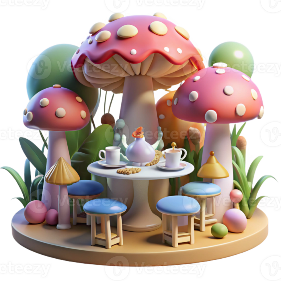 extraordinary creative beautiful creative A whimsical tea party hosted by a mischievous pixie in a giant mushroom forest, dappled sunlight filtering through the canopy, Beatrix Potter style high... png
