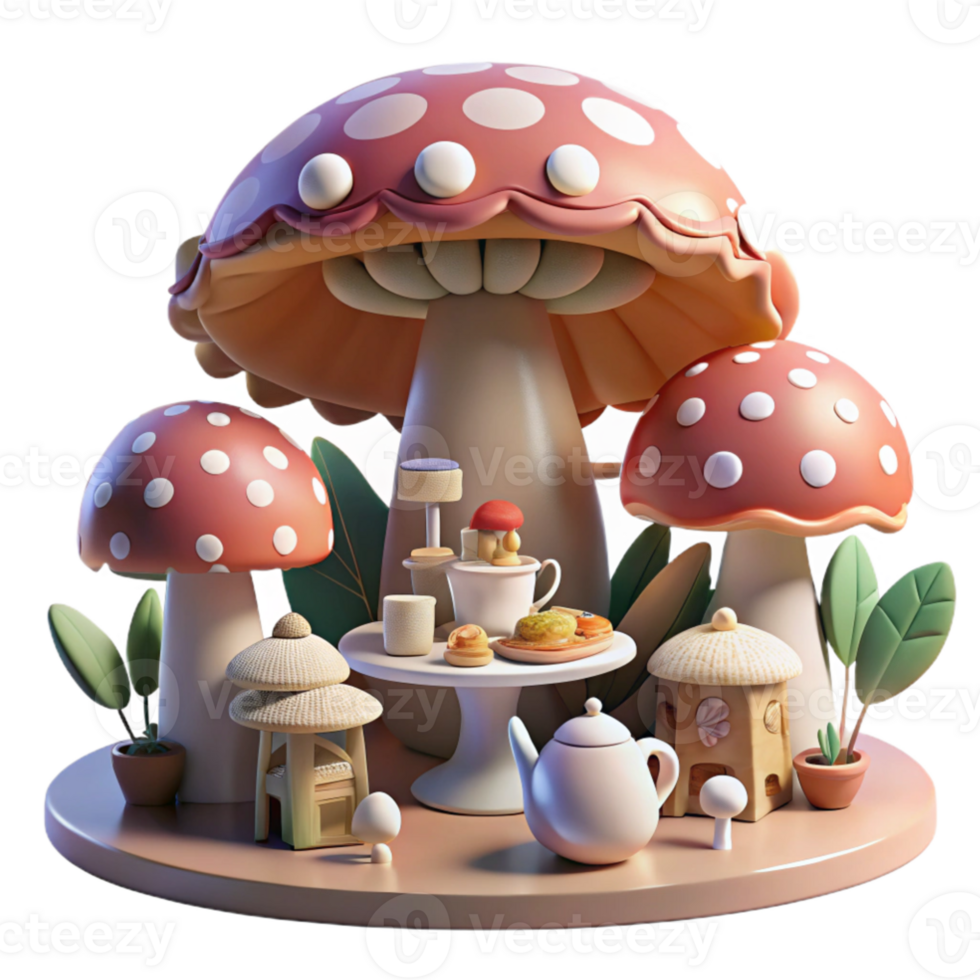 serene traditional extraordinary traditional A whimsical tea party hosted by a mischievous pixie in a giant mushroom forest, dappled sunlight filtering through the canopy, Beatrix Potter style... png