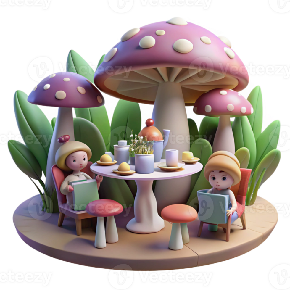 stunning traditional beautiful minimalist A whimsical tea party hosted by a mischievous pixie in a giant mushroom forest, dappled sunlight filtering through the canopy, Beatrix Potter style high... png