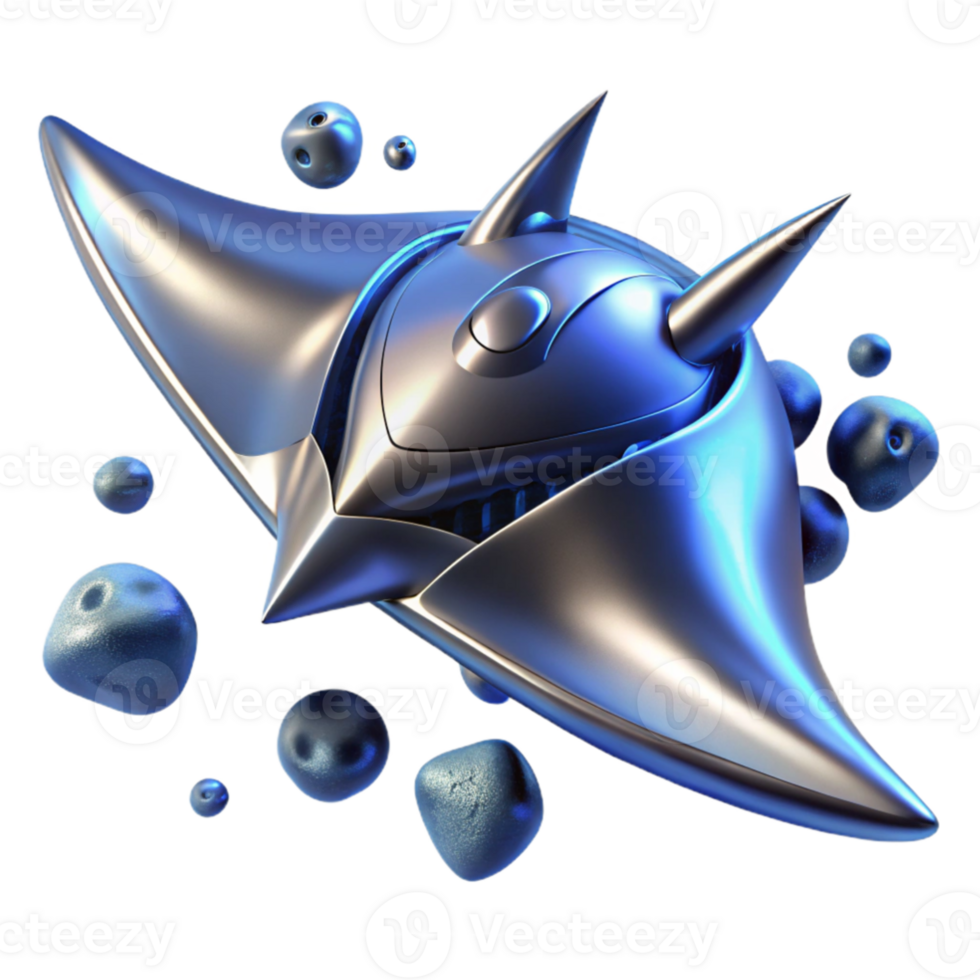 extraordinary creative impressive rustic A sleek, chrome spaceship, shaped like a manta ray, soars through a field of asteroids, bathed in the cold, blue light of a dying star.... png