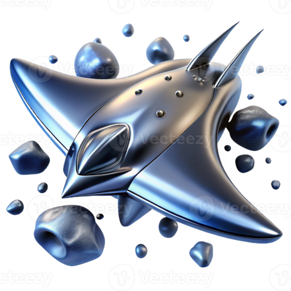 extraordinary contemporary elegant traditional A sleek, chrome spaceship, shaped like a manta ray, soars through a field of asteroids, bathed in the cold, blue light of a dying star.... png