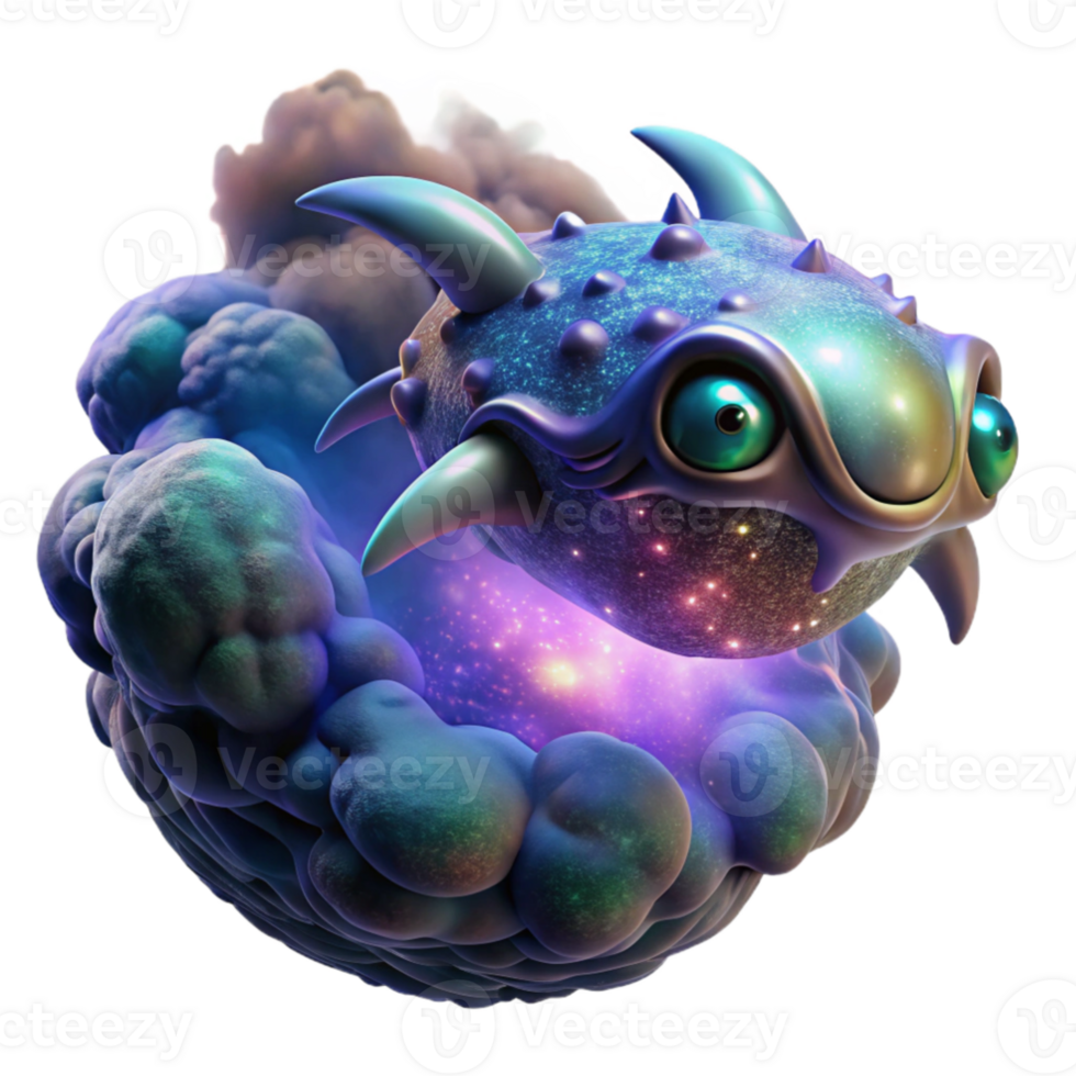 magnificent creative wonderful contemporary A colossal, bio-engineered space creature with iridescent scales drifts through a cosmic dust cloud, lit by the ethereal glow of a nearby quasar.... png