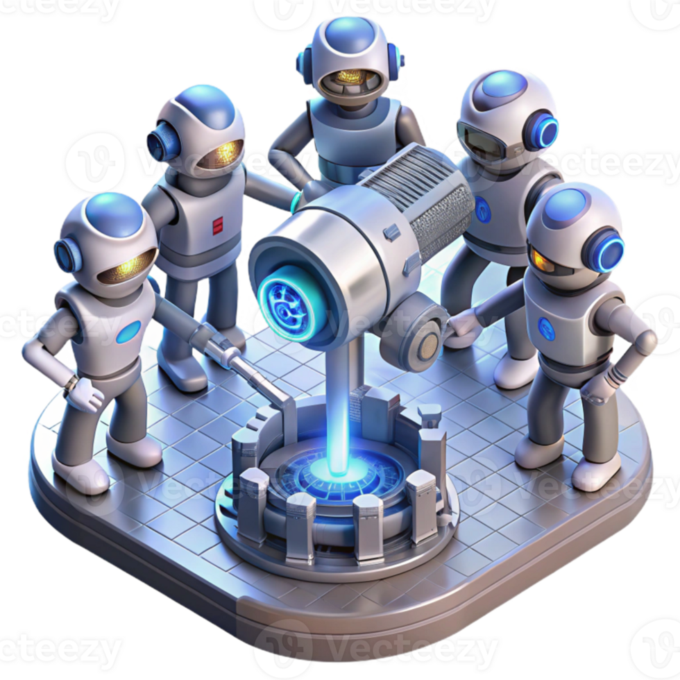 extraordinary classic vibrant abstract A group of robots, each with unique designs and functions, assemble a giant energy weapon in a sterile, white laboratory, bathed in harsh fluorescent light.... png