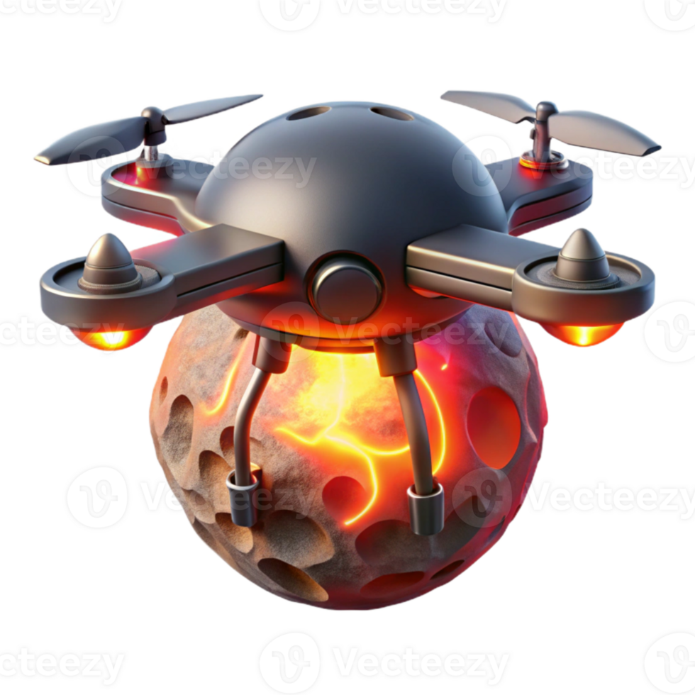 wonderful modern stunning minimalist A lone, hovering drone, its metallic surface reflecting the fiery eruption of a volcano on a distant moon, illuminated by the red glow of the lava.... png