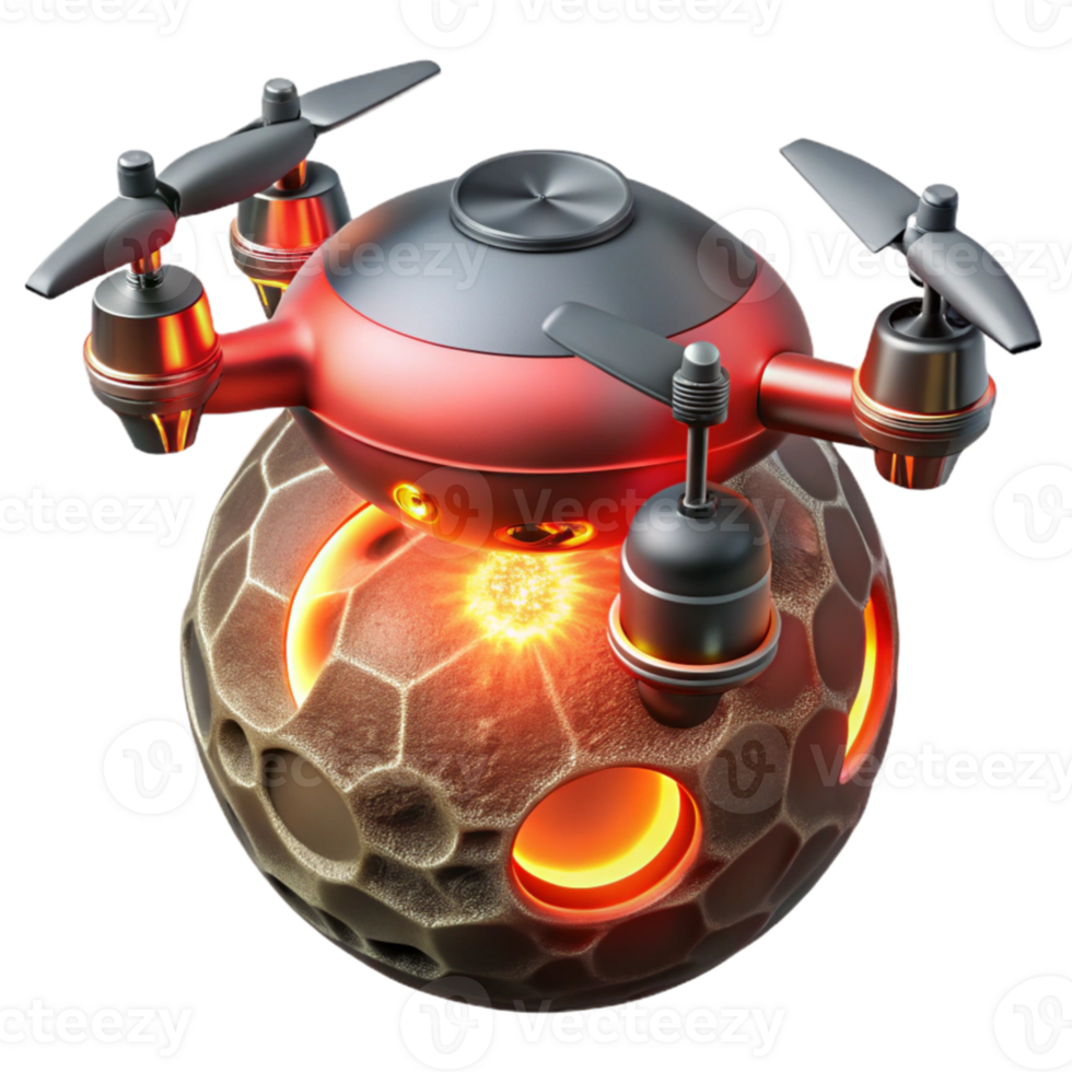 stunning vintage extraordinary vintage A lone, hovering drone, its metallic surface reflecting the fiery eruption of a volcano on a distant moon, illuminated by the red glow of the lava.... png