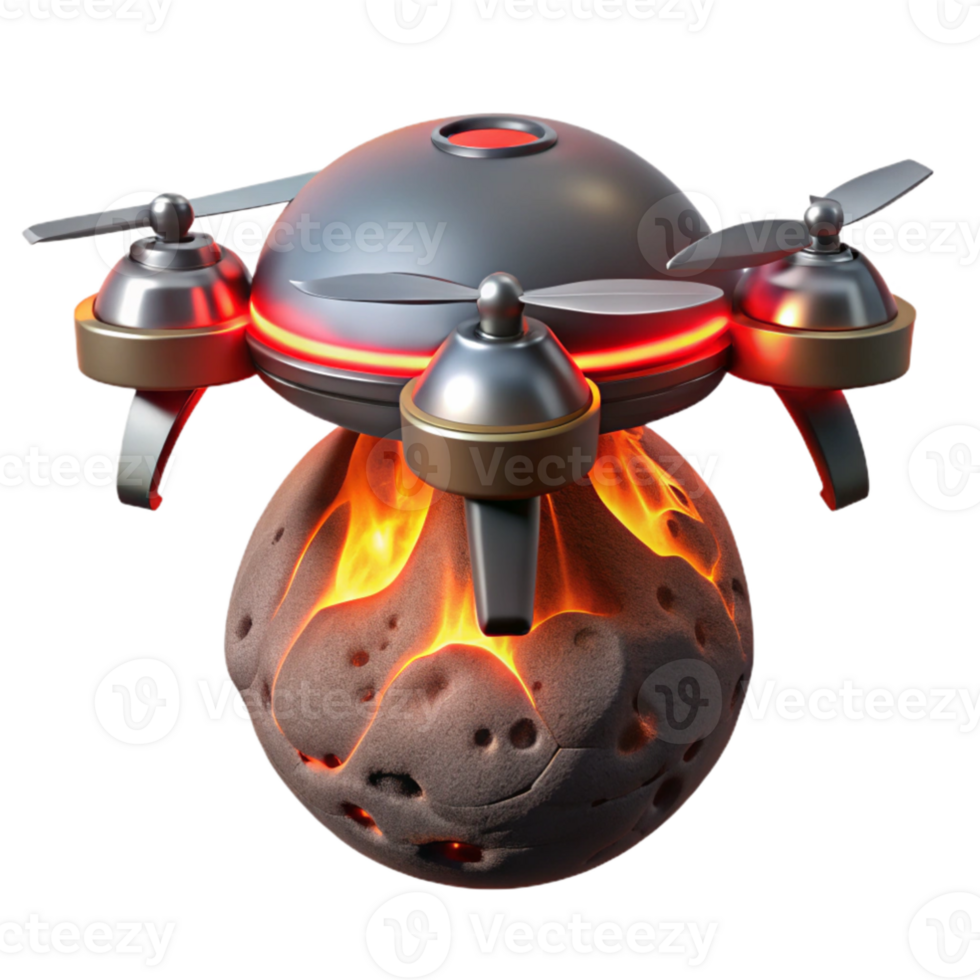 dramatic vintage beautiful vintage A lone, hovering drone, its metallic surface reflecting the fiery eruption of a volcano on a distant moon, illuminated by the red glow of the lava.... png