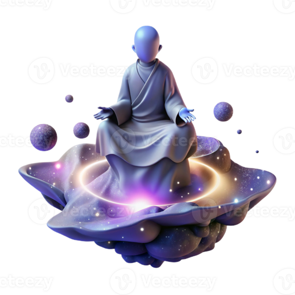wonderful rustic magnificent vintage A solitary figure in a flowing robe meditates atop a floating rock, surrounded by swirling nebulae and distant galaxies, illuminated by the soft light of the... png
