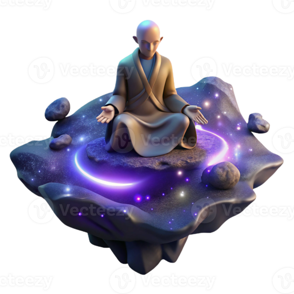 wonderful vintage magnificent minimalist A solitary figure in a flowing robe meditates atop a floating rock, surrounded by swirling nebulae and distant galaxies, illuminated by the soft light of... png