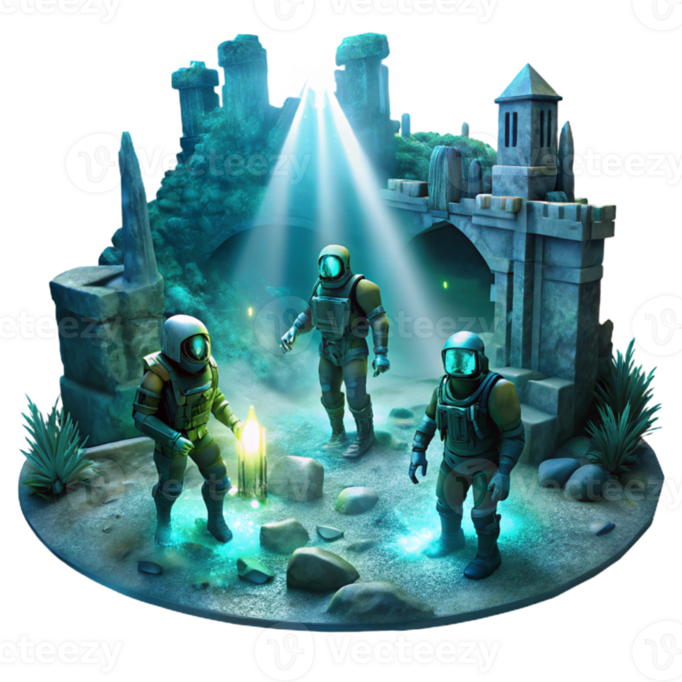 magnificent contemporary dramatic classic A group of explorers in advanced diving suits explore the ruins of an underwater city, illuminated by the beams of their headlamps and the bioluminescent... png