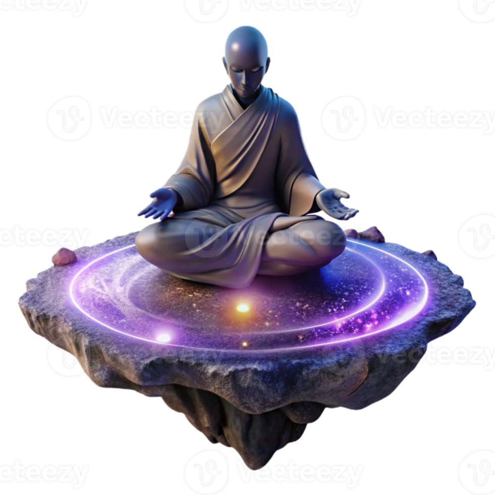 elegant contemporary beautiful abstract A solitary figure in a flowing robe meditates atop a floating rock, surrounded by swirling nebulae and distant galaxies, illuminated by the soft light of... png