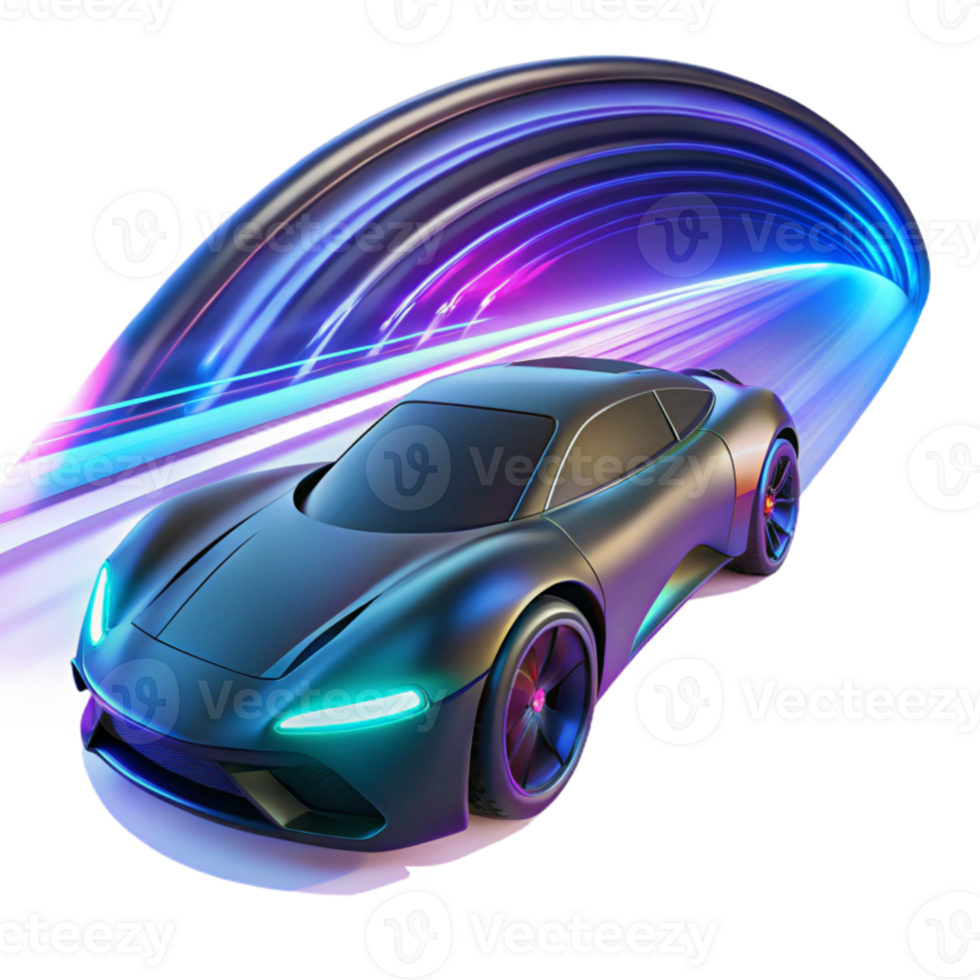 wonderful contemporary beautiful contemporary A futuristic racing vehicle, sleek and aerodynamic, speeds through a neon-lit tunnel, illuminated by the trails of light it leaves behind.... png