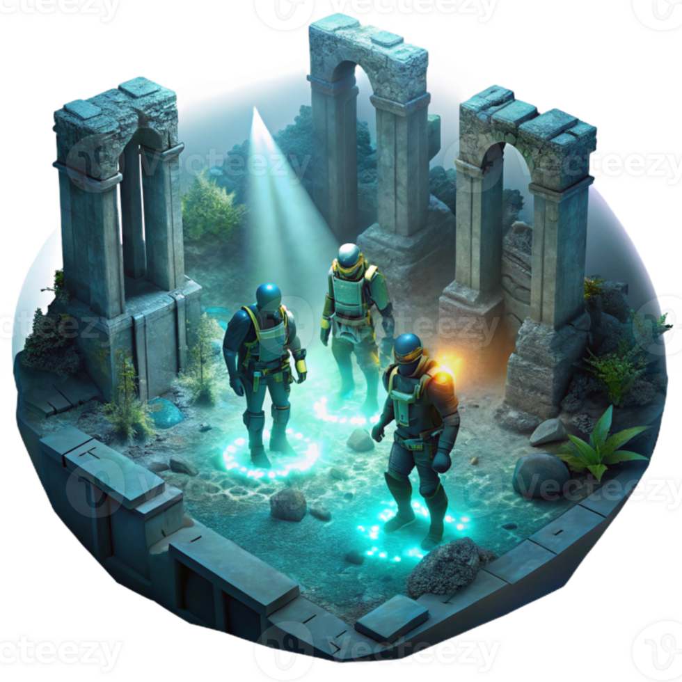 impressive rustic elegant vintage A group of explorers in advanced diving suits explore the ruins of an underwater city, illuminated by the beams of their headlamps and the bioluminescent flora.... png