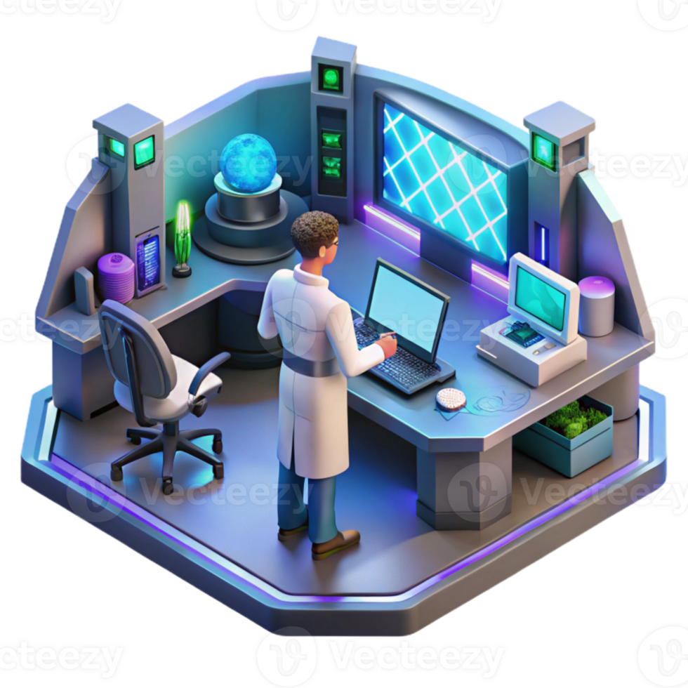 beautiful vintage dramatic classic A lone scientist works in a cluttered, futuristic laboratory, surrounded by glowing screens and strange devices, illuminated by the cool light of the monitors.... png