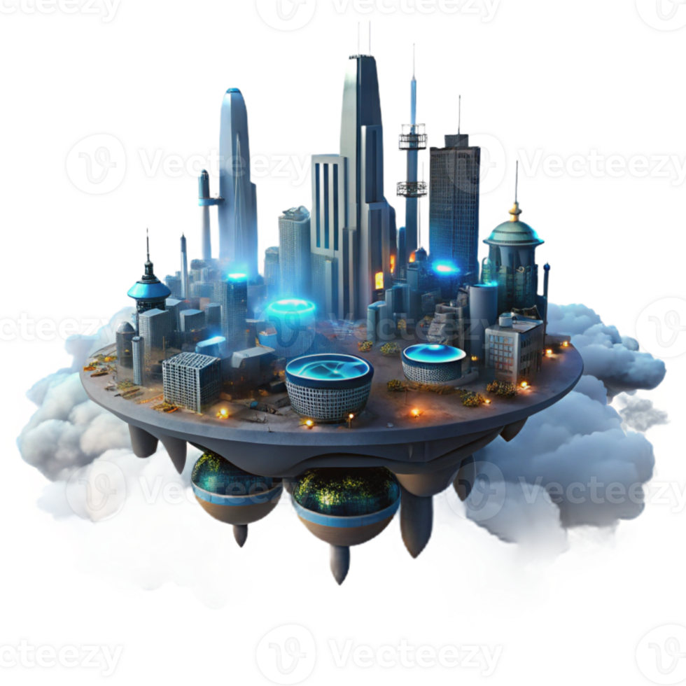 stunning contemporary dramatic artistic A futuristic city built on a series of interconnected platforms floats above a toxic cloud layer, illuminated by the artificial lights of the city.... png
