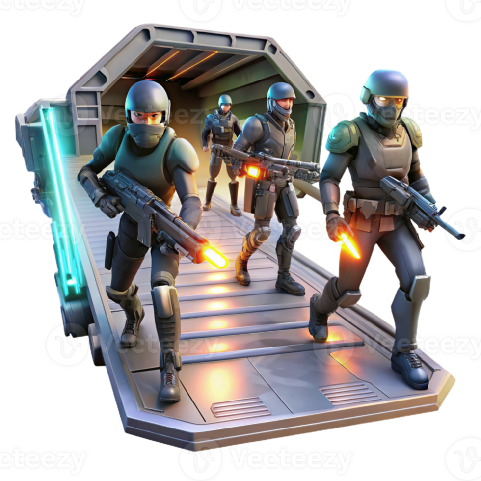 vibrant minimalist wonderful modern A group of space pirates, armed with laser pistols and energy blades, board a derelict spaceship, illuminated by the flickering emergency lights.... png