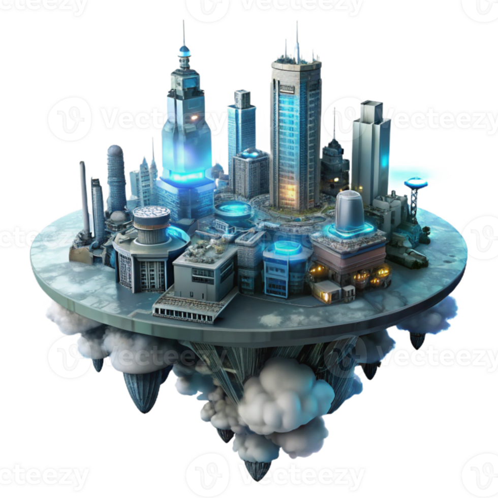 impressive rustic vibrant artistic A futuristic city built on a series of interconnected platforms floats above a toxic cloud layer, illuminated by the artificial lights of the city.... png