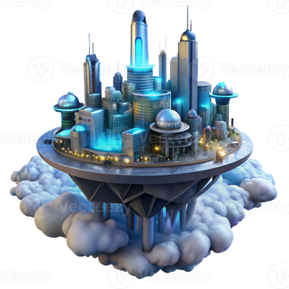 elegant artistic extraordinary creative A futuristic city built on a series of interconnected platforms floats above a toxic cloud layer, illuminated by the artificial lights of the city.... png