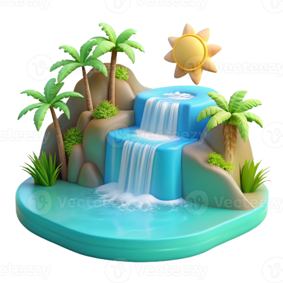 beautiful traditional impressive rustic A waterfall cascading into a turquoise pool, bright sunlight, tropical atmosphere, landscape photography style 4K high resolution png