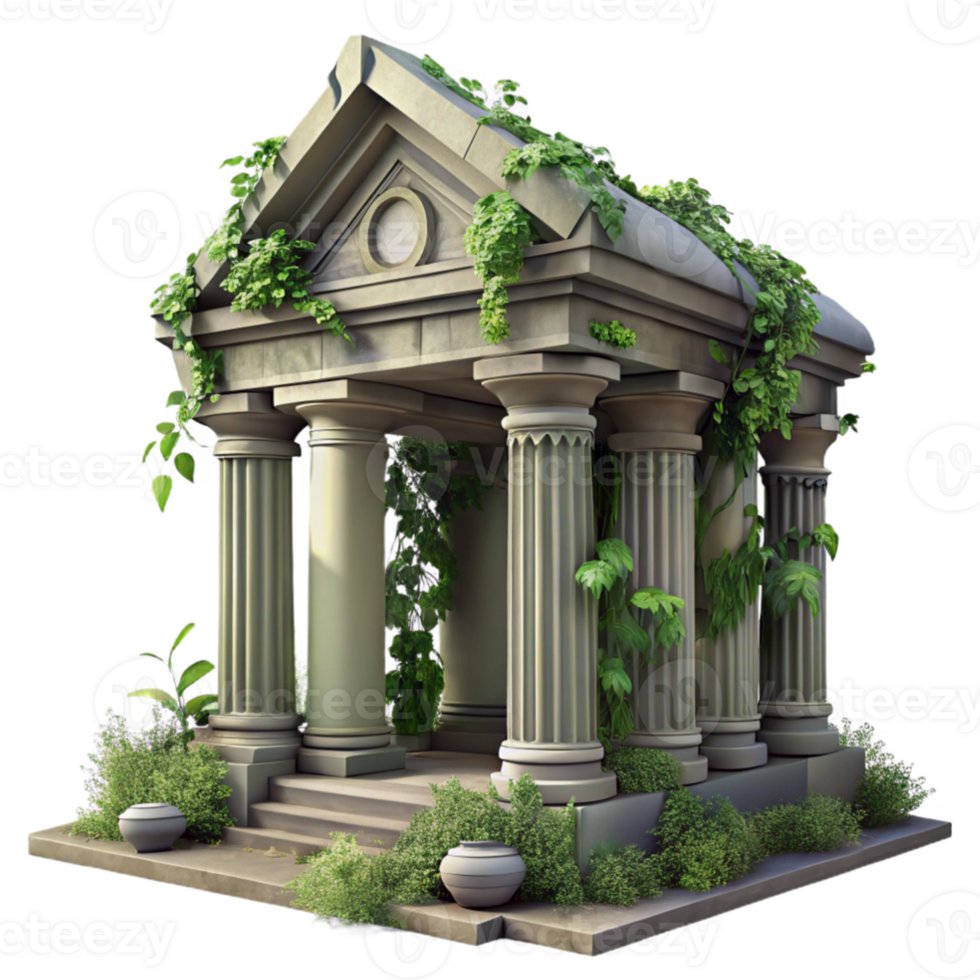 magnificent artistic stunning contemporary A crumbling ancient temple overgrown with vines, soft sunlight filtering through leaves, romanticism, matte painting, detailed high quality png