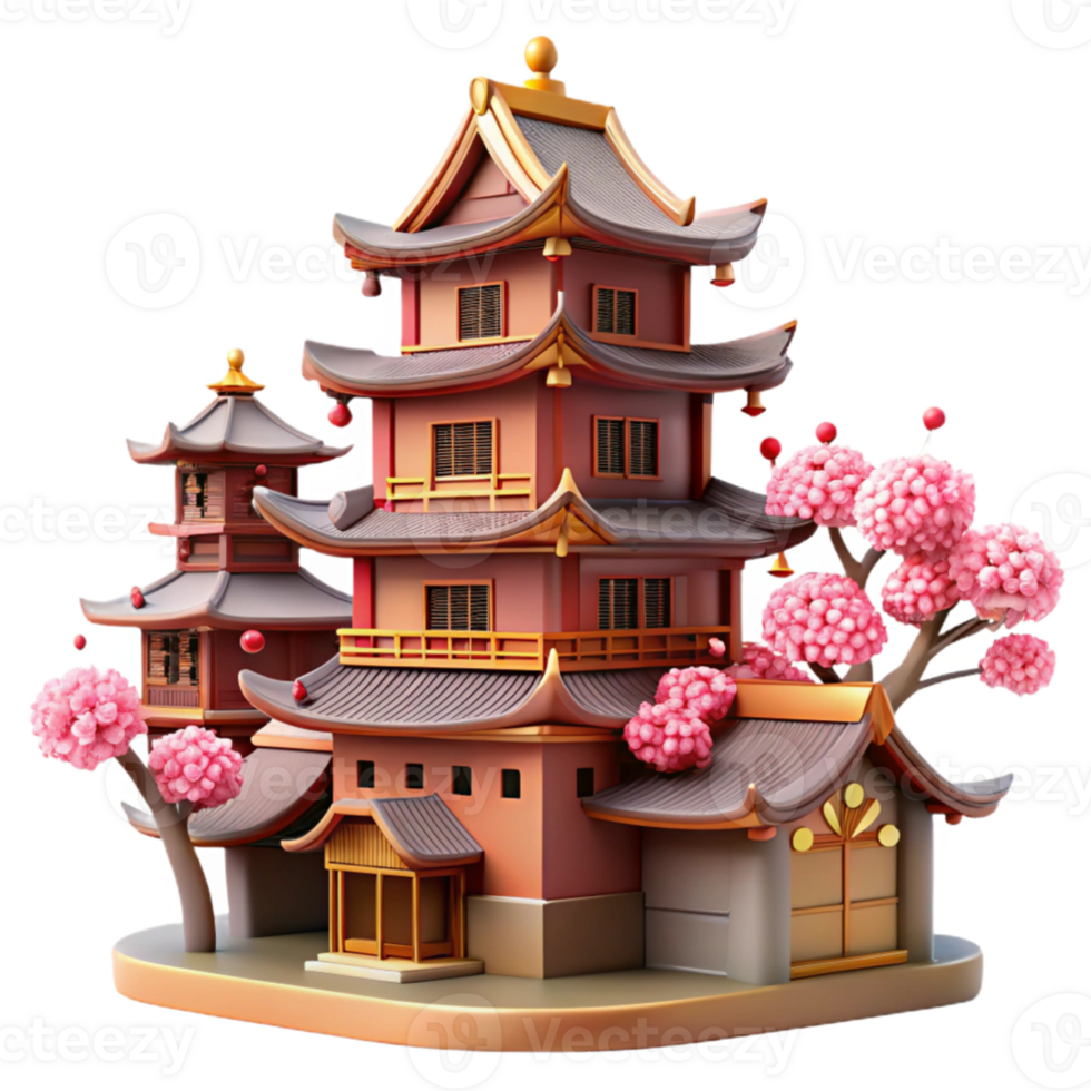 wonderful modern wonderful classic A traditional Japanese castle, intricate wooden details, cherry blossoms, serene, digital art, genuine authentic png