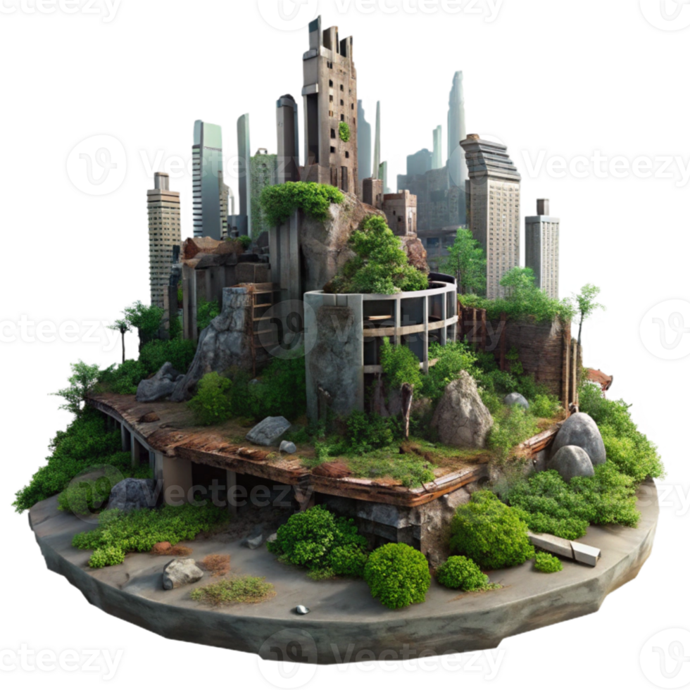 extraordinary contemporary beautiful artistic A post-apocalyptic city in ruins, overgrown with vegetation, dim overcast light, dystopian, matte painting, authentic professional png