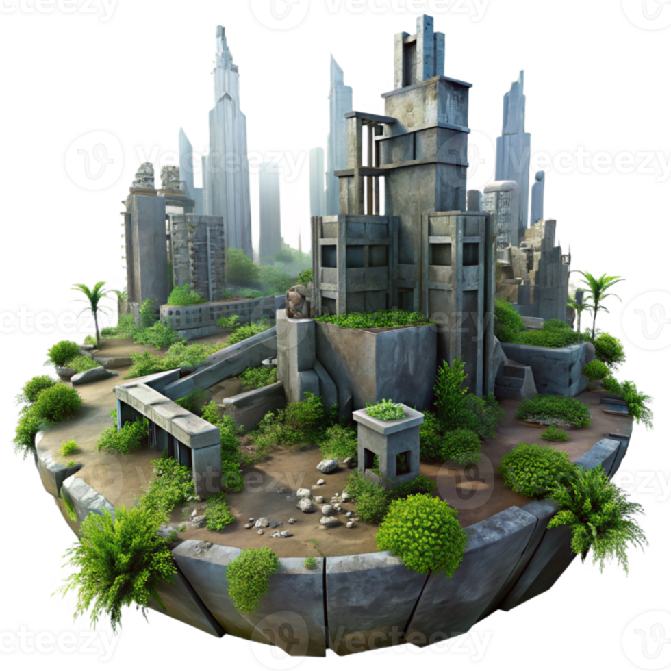 beautiful modern vibrant rustic A post-apocalyptic city in ruins, overgrown with vegetation, dim overcast light, dystopian, matte painting, professional professional png