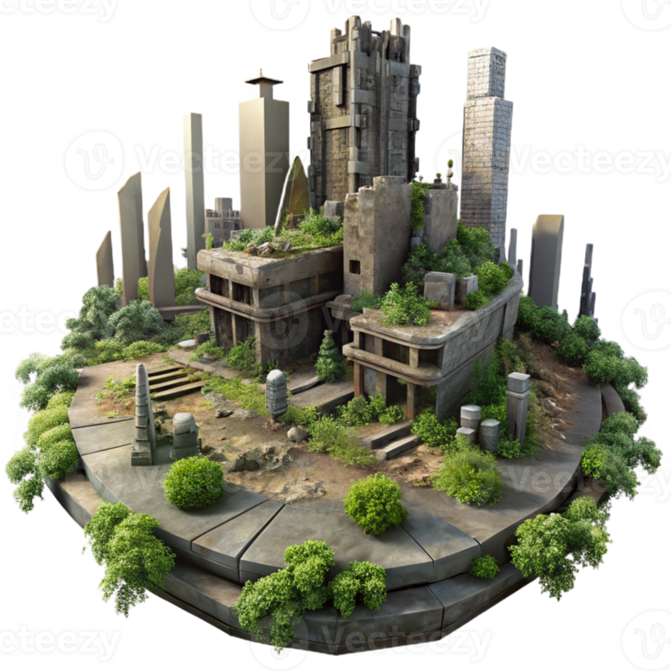 dramatic classic wonderful artistic A post-apocalyptic city in ruins, overgrown with vegetation, dim overcast light, dystopian, matte painting, 4K original png