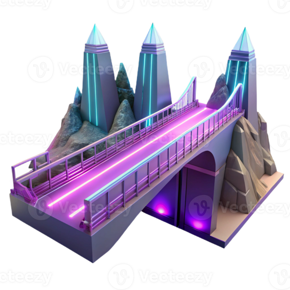 vibrant artistic impressive minimalist A futuristic bridge spanning a vast canyon, neon lights and sleek design, cyberpunk, concept art, detailed exclusive png