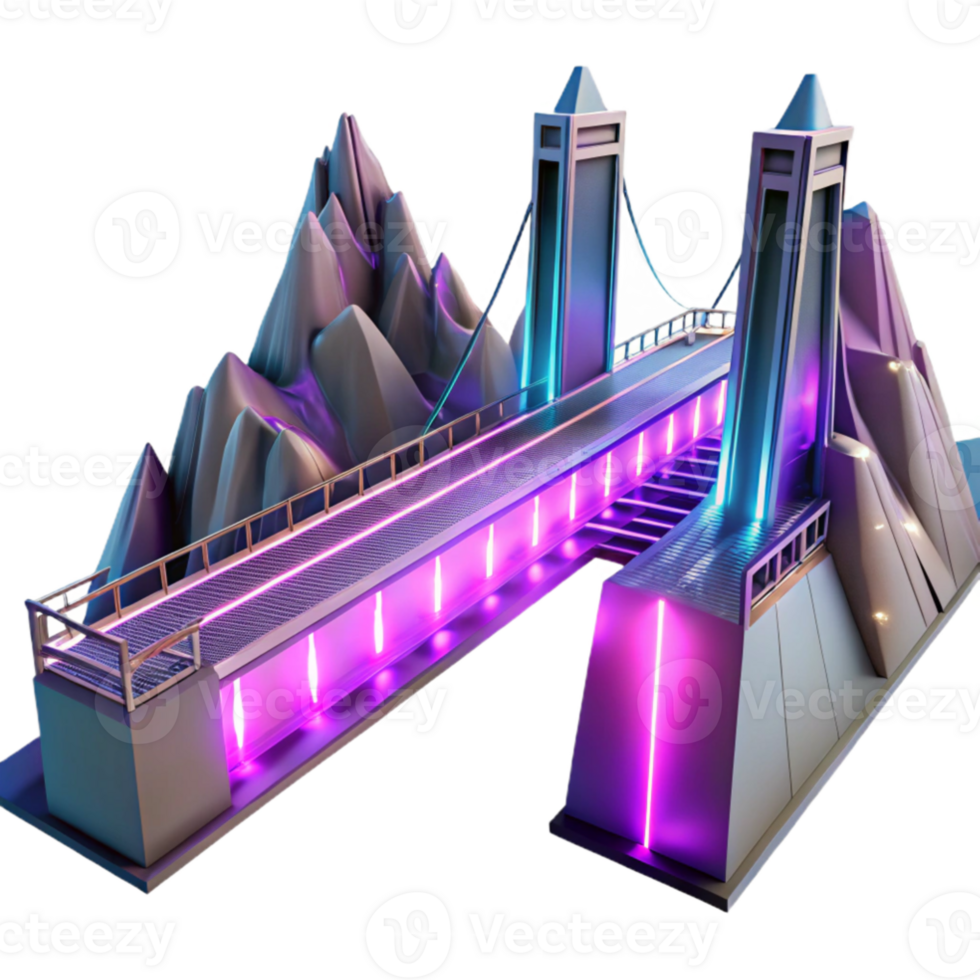 extraordinary abstract vibrant modern A futuristic bridge spanning a vast canyon, neon lights and sleek design, cyberpunk, concept art, high resolution detailed png