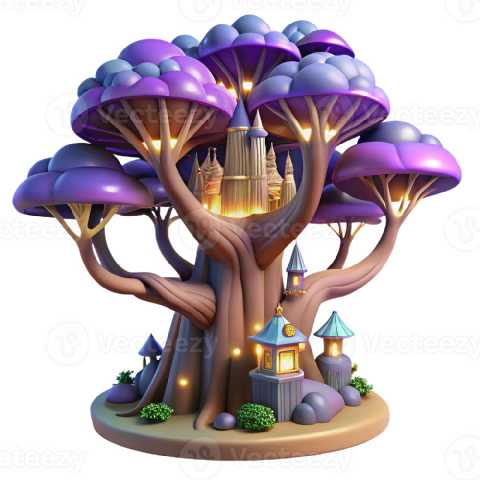 dramatic classic dramatic minimalist A giant tree with a city built into its branches, fantasy lighting, whimsical, digital art, original high resolution png