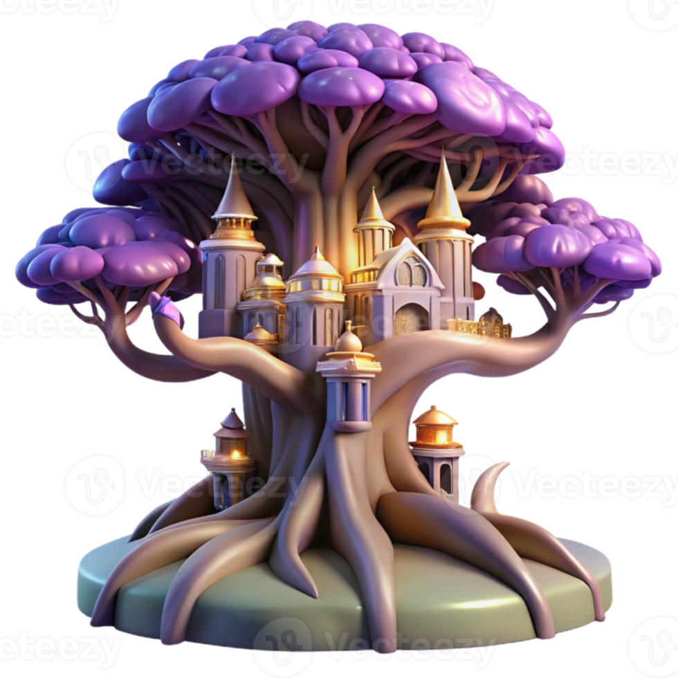wonderful artistic magnificent abstract A giant tree with a city built into its branches, fantasy lighting, whimsical, digital art, authentic professional png