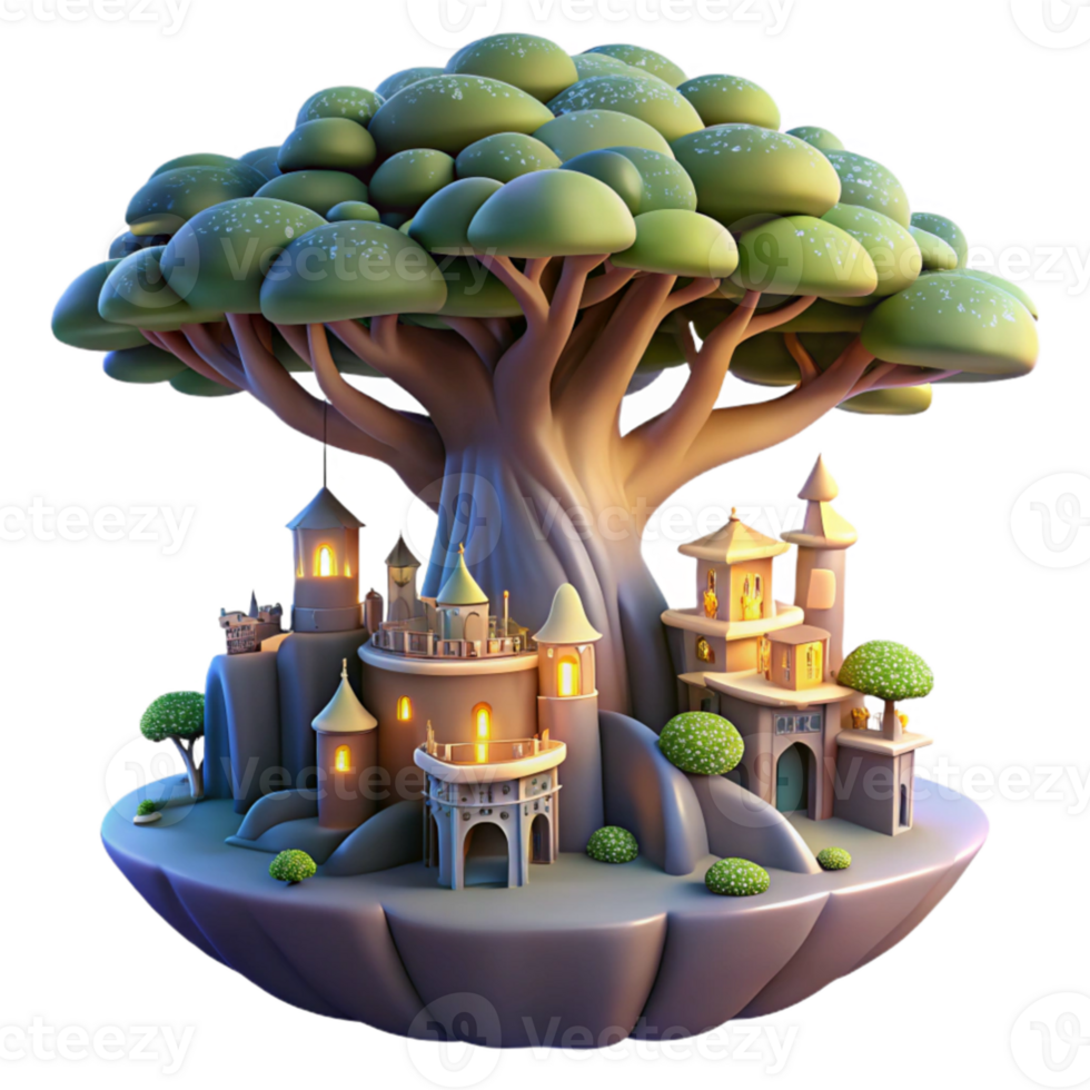 vibrant contemporary vibrant modern A giant tree with a city built into its branches, fantasy lighting, whimsical, digital art, high quality detailed png