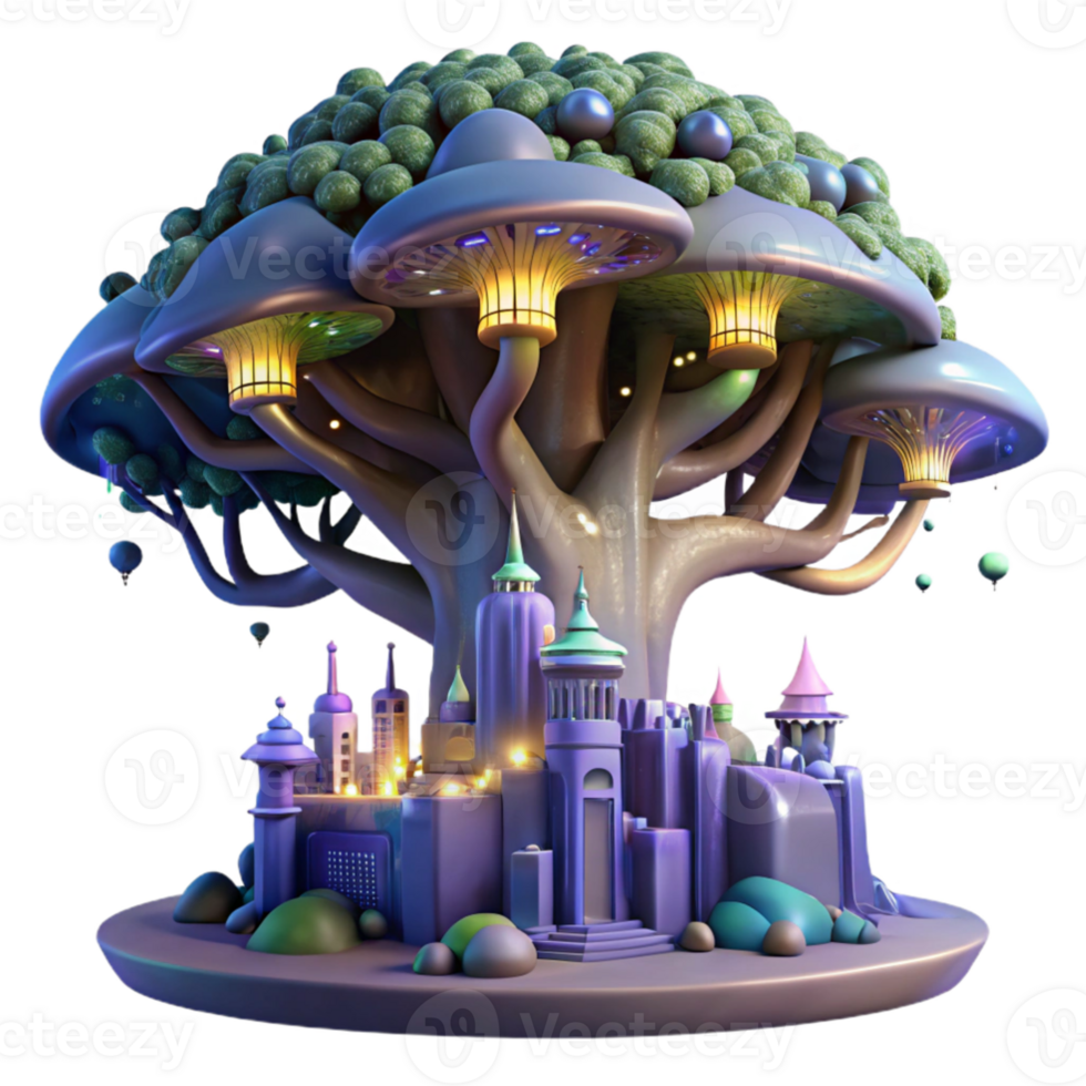 extraordinary contemporary dramatic abstract A giant tree with a city built into its branches, fantasy lighting, whimsical, digital art, original exclusive png